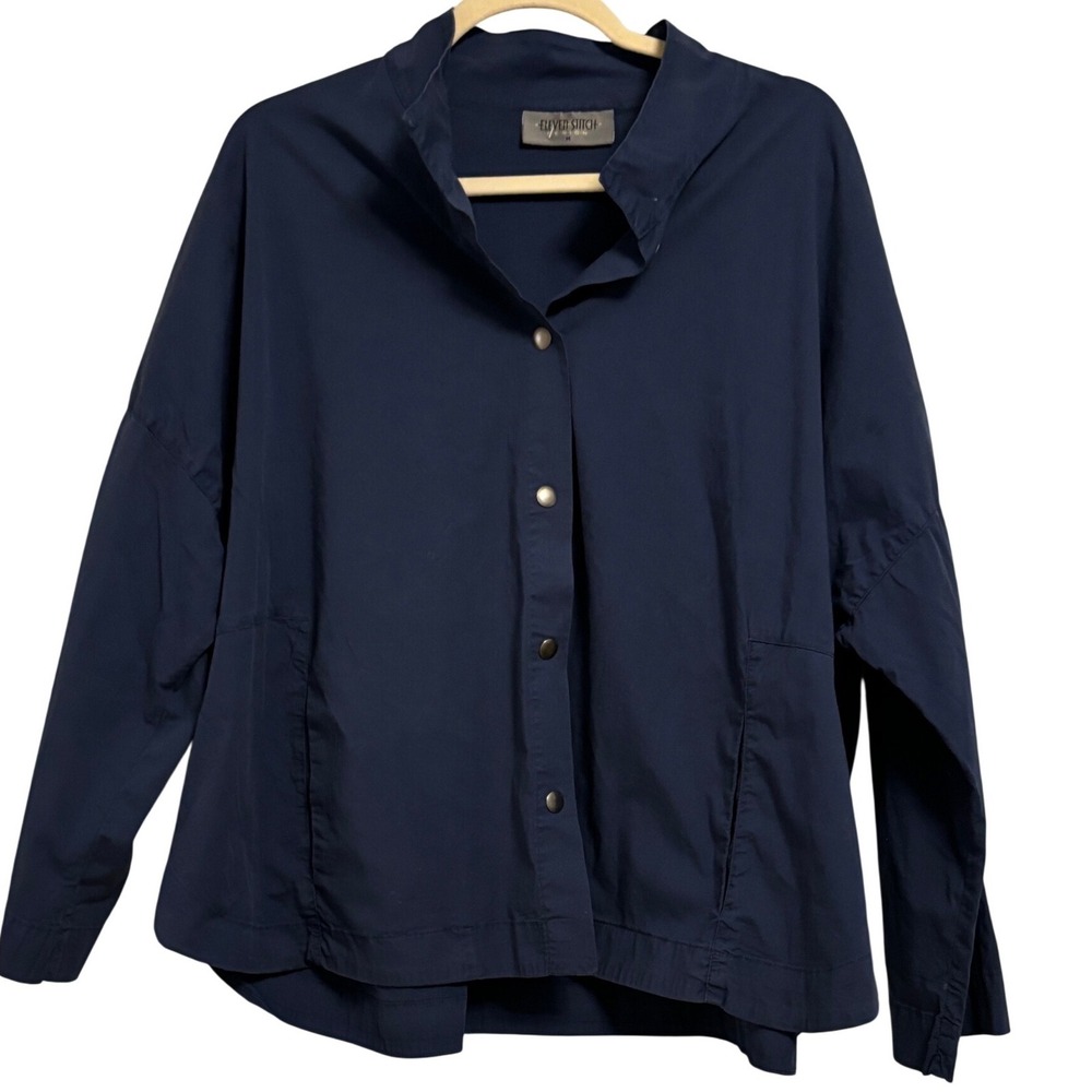 Eleven Stitch Design Navy Blue Snap Front Shirt Jacket Mock Neck Made in USA M